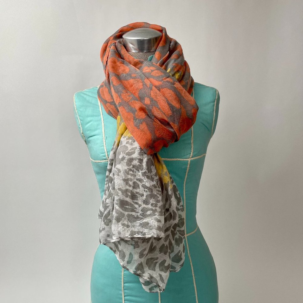 Lightweight Soft Flowy Orange Grey Yellow Scarf Subtle Cheetah Print